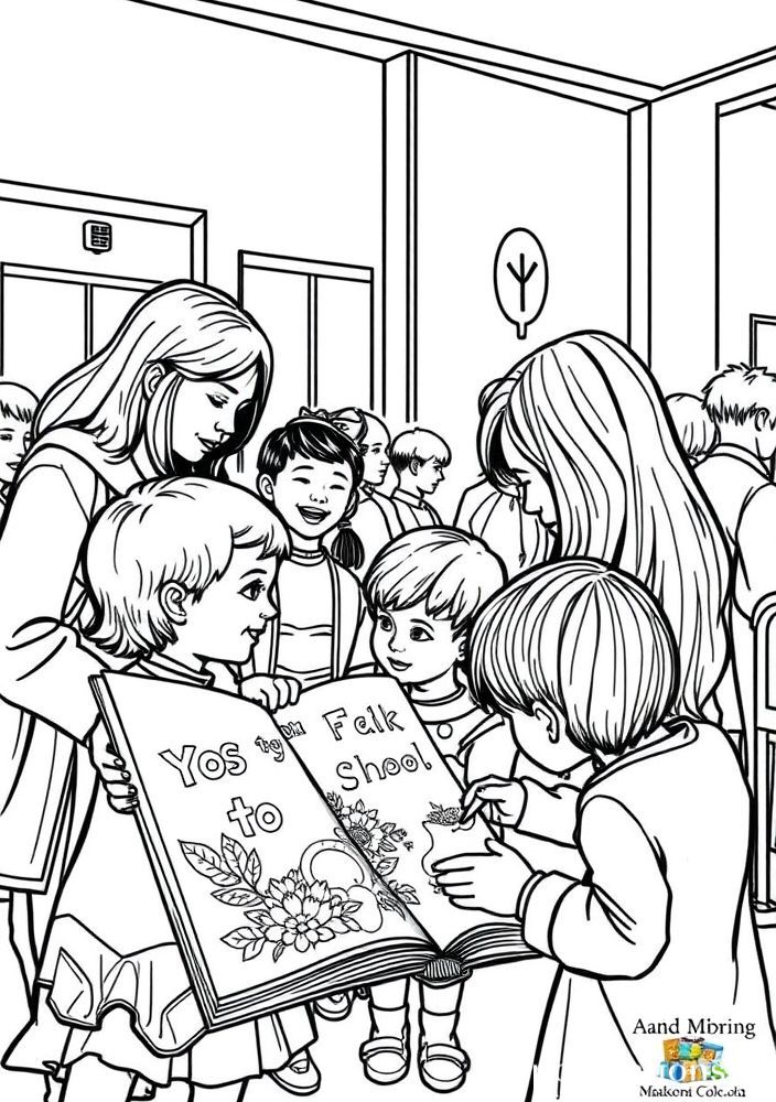 Desenho de Frequência em Escola de Pais e Filhos para Colorir