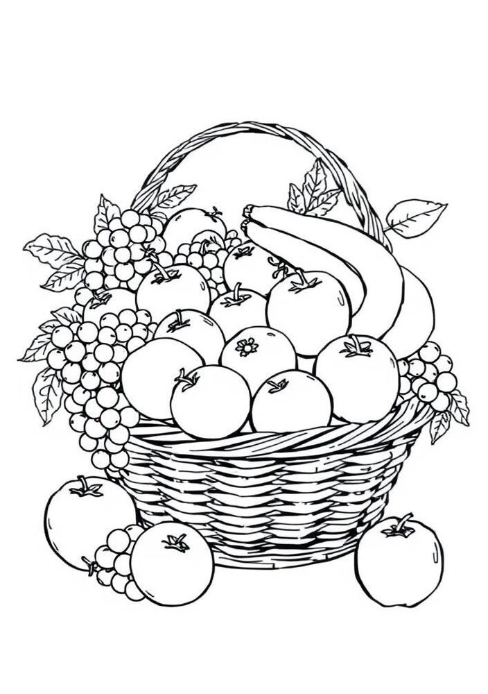 Desenho de Frutas em um Cesta para colorir