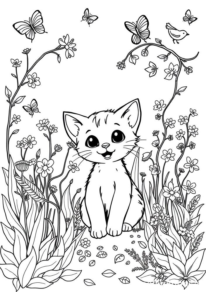 Desenho de Gato Brincando no Jardim para colorir