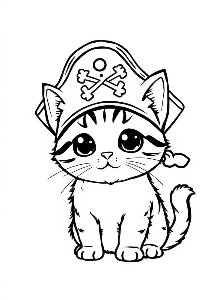 Desenho de Gato Kawaii com Chapéu de Pirata para colorir