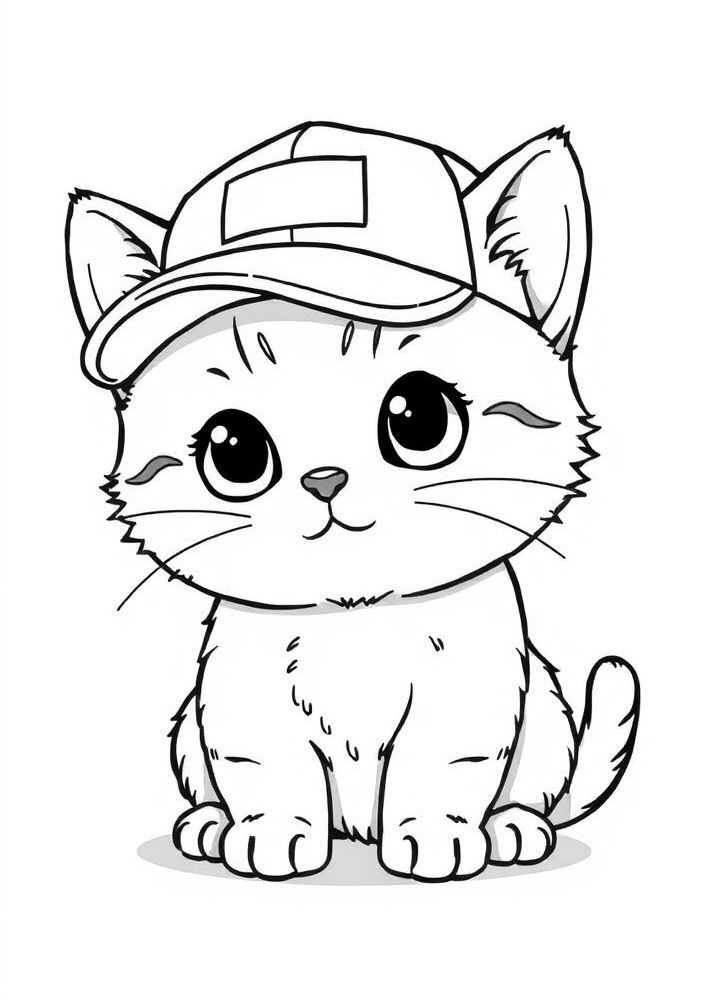 Desenho de Gato Kawaii com um Boné