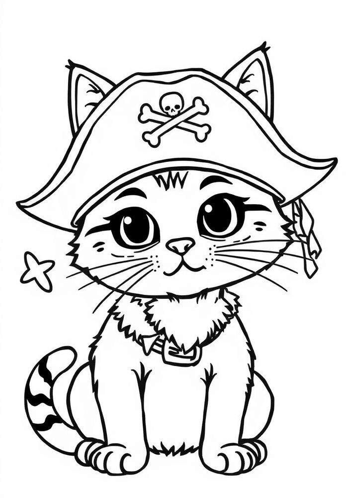 Desenho de Gato com Chapéu de Pirata para colorir