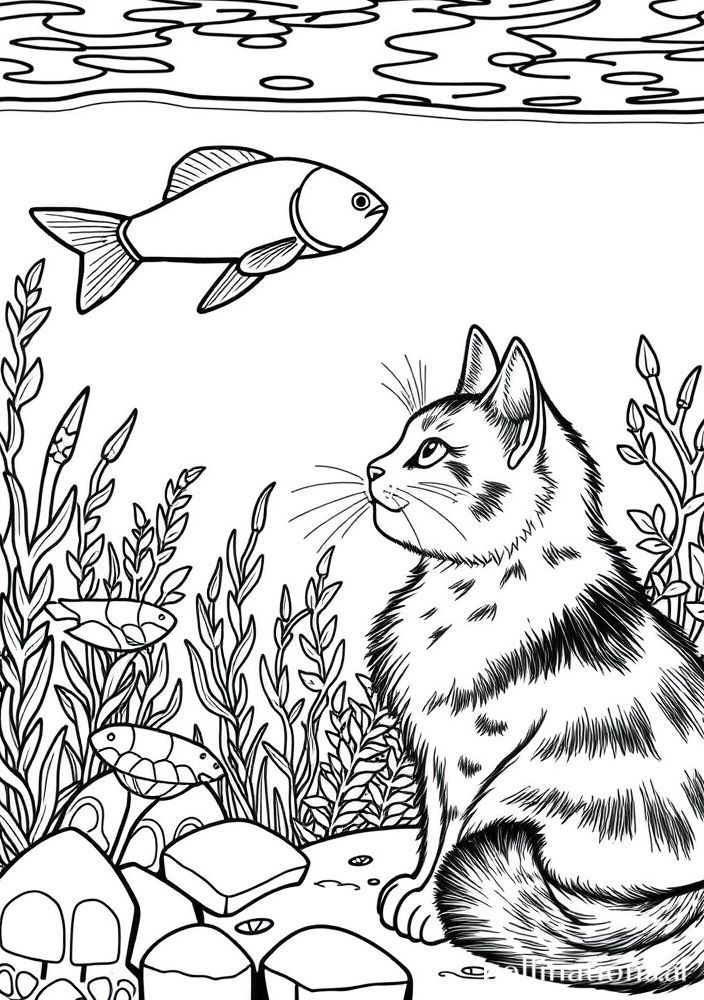 Desenho de Gato com Peixes em um Aquário para colorir