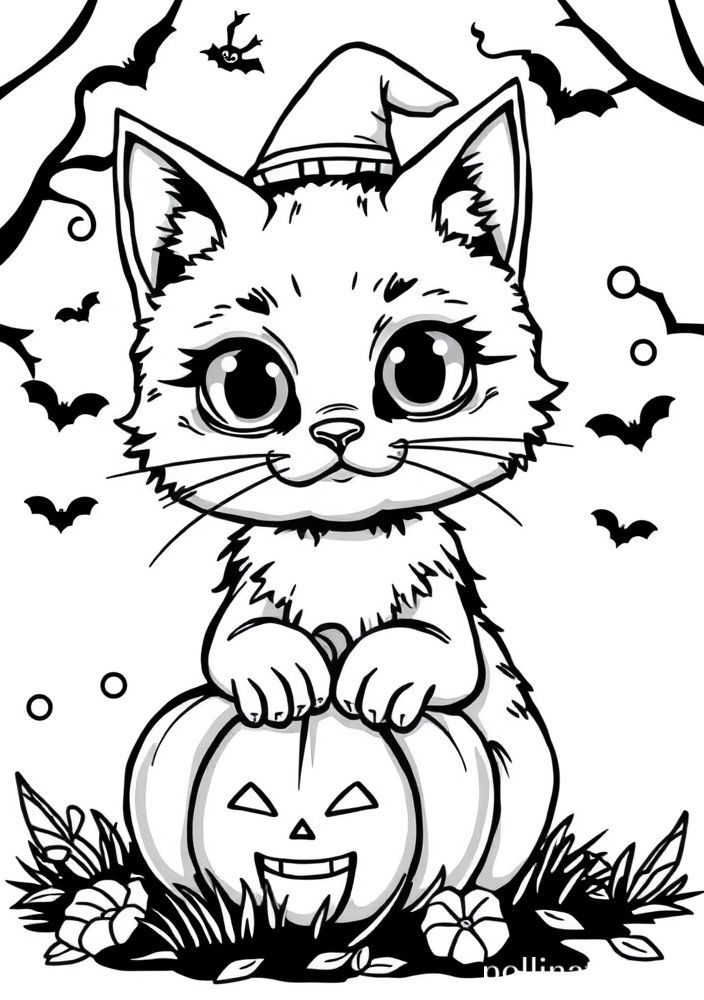 Desenho de Gato de Halloween com Abóbora para colorir
