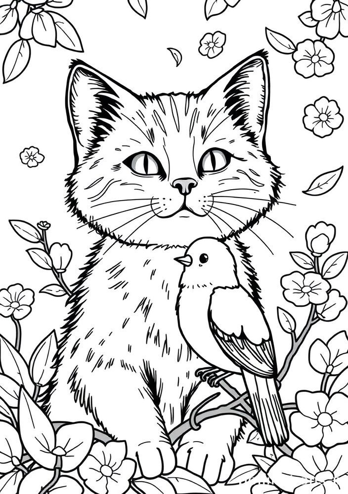 Desenho de Gato e Pássaro Amigo para colorir