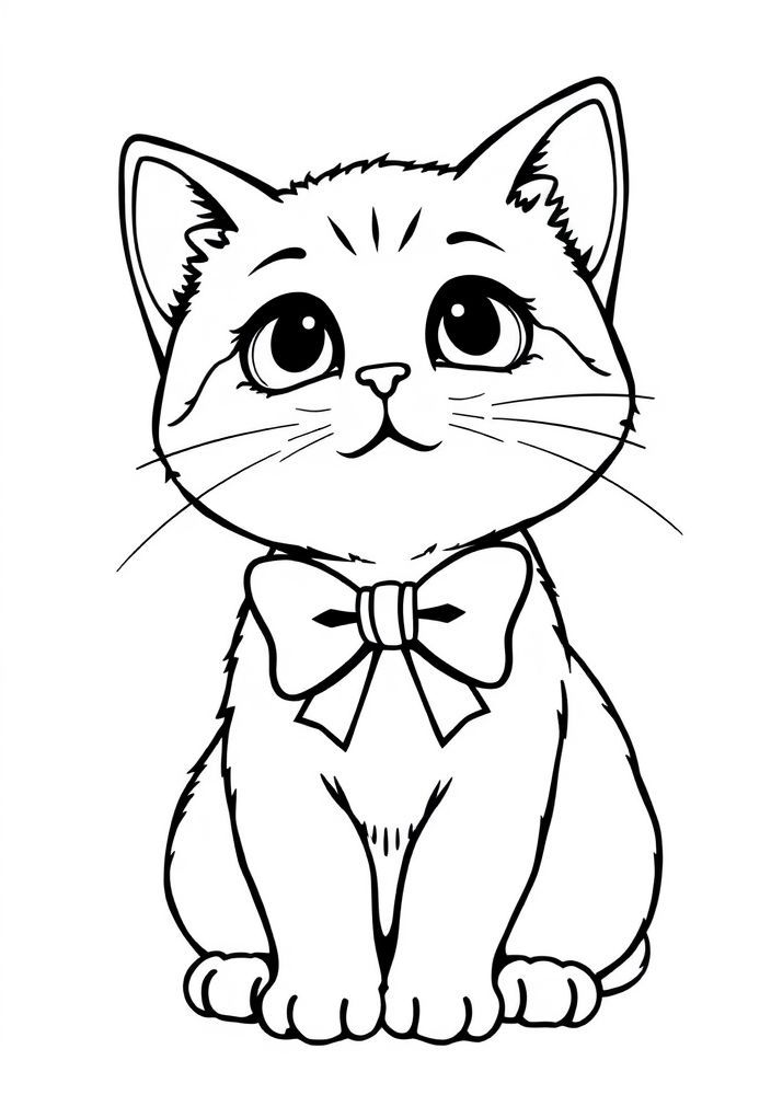 Desenho de Gato fofinho com laço para colorir