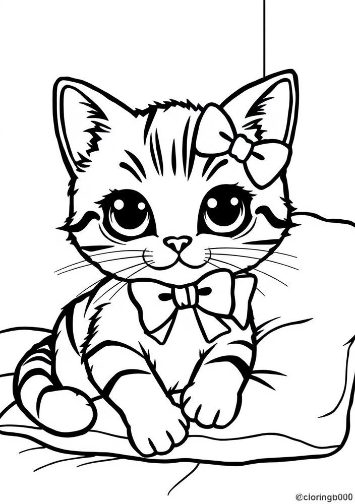 Desenho de Gato fofo com laço para colorir