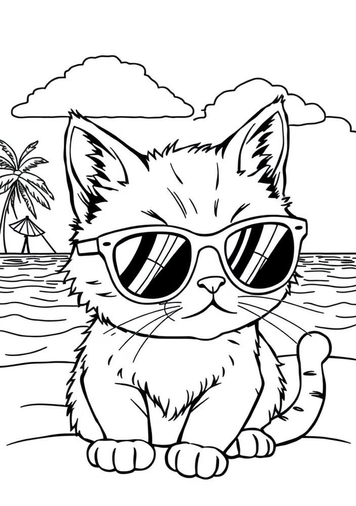 Desenho de Gato na Praia com Óculos de Sol para colorir