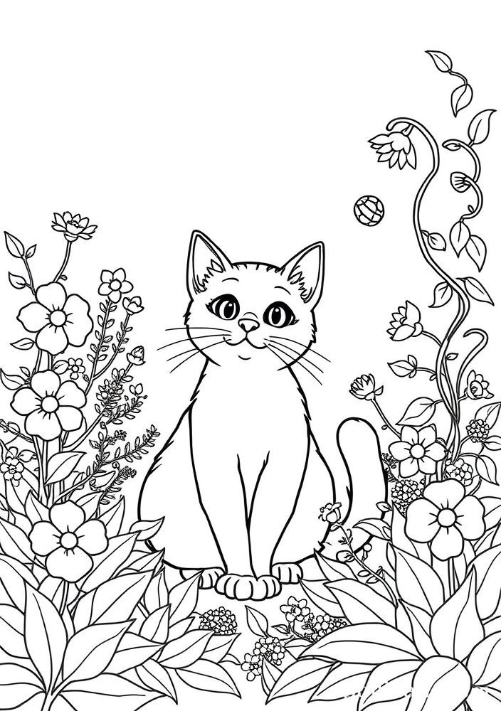 Desenho de Gato no Jardim para colorir