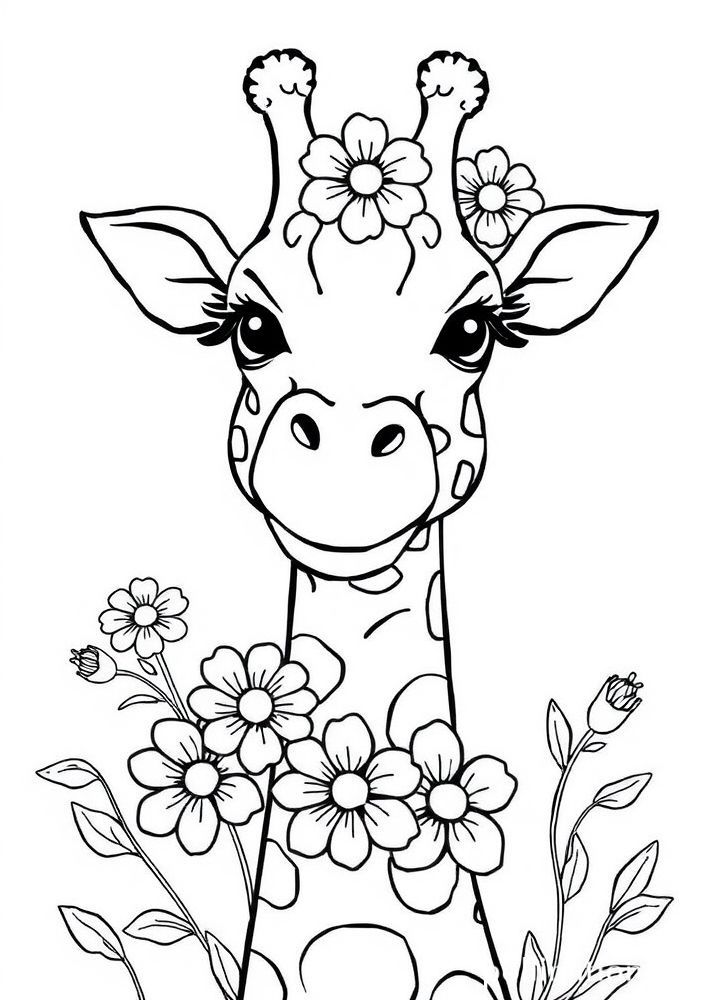 Desenho de Girafa Sorridente com Flores para Colorir