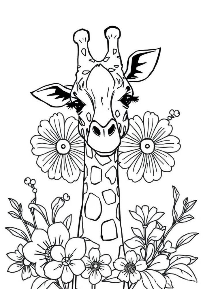 Desenho de Girafa com Flores para colorir