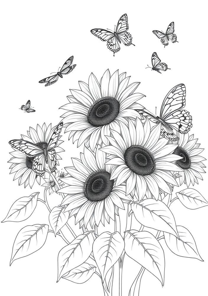 Desenho de Girassóis com insetos para colorir