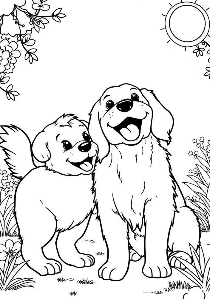 Desenho de Golden Retriever com Criança para colorir