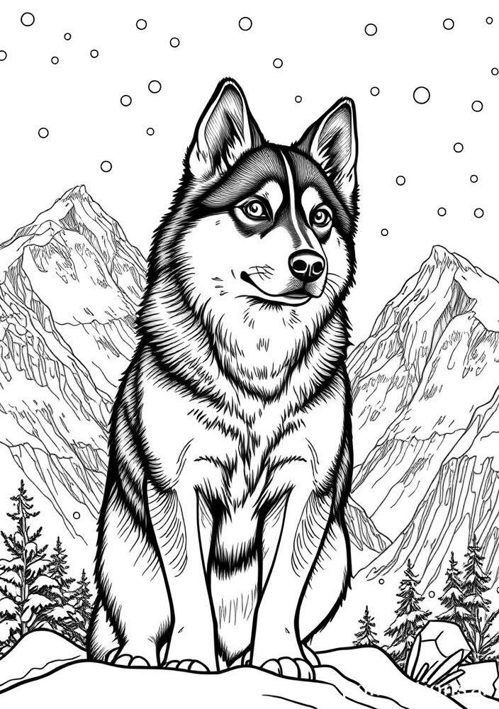 Desenho de Husky Siberiano na Montanha para colorir