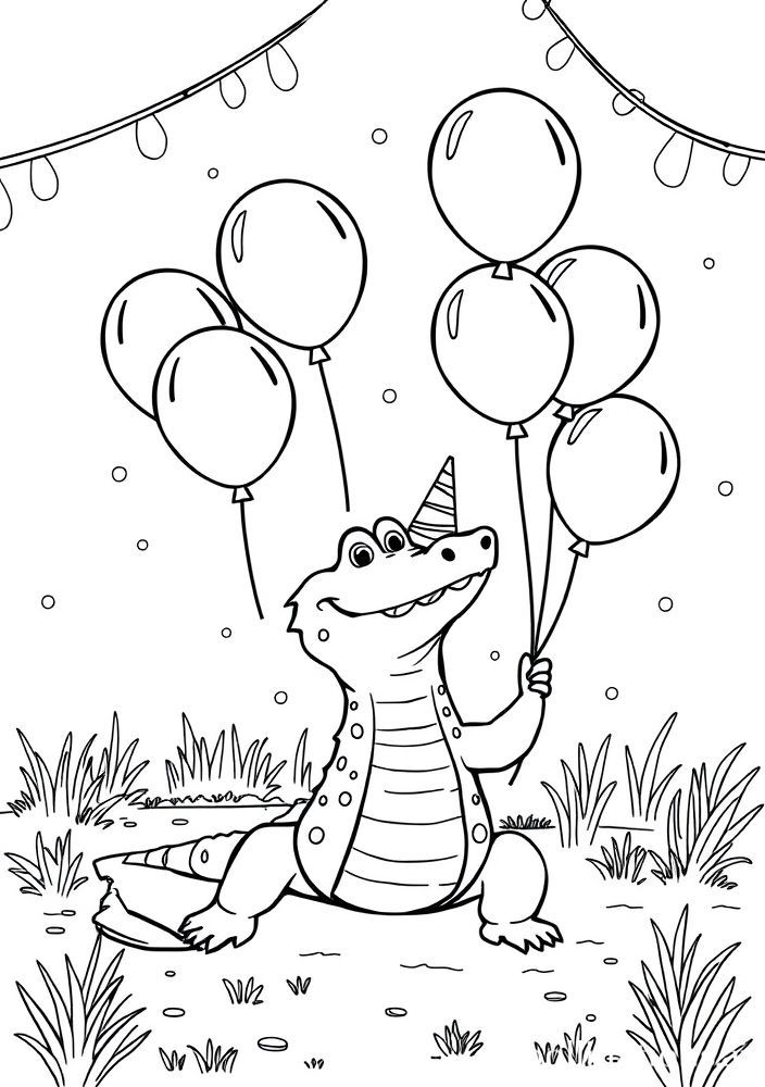 Desenho de Jacaré Festeiro com Balões para colorir