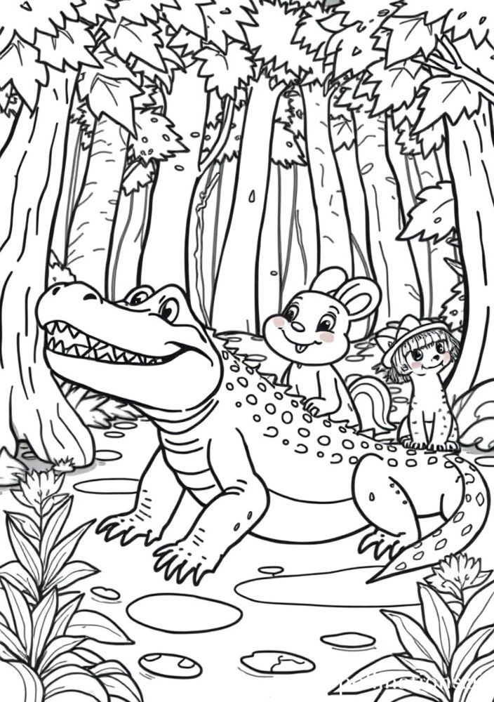 Desenho de Jacaré com Amigos Animais para colorir