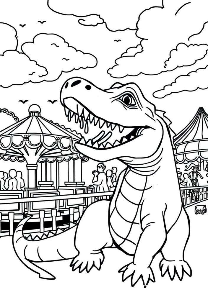 Desenho de Jacaré em um Parque de Diversões para colorir