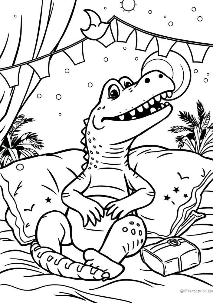 Desenho de Jacaré em uma Festa de Pijama para colorir