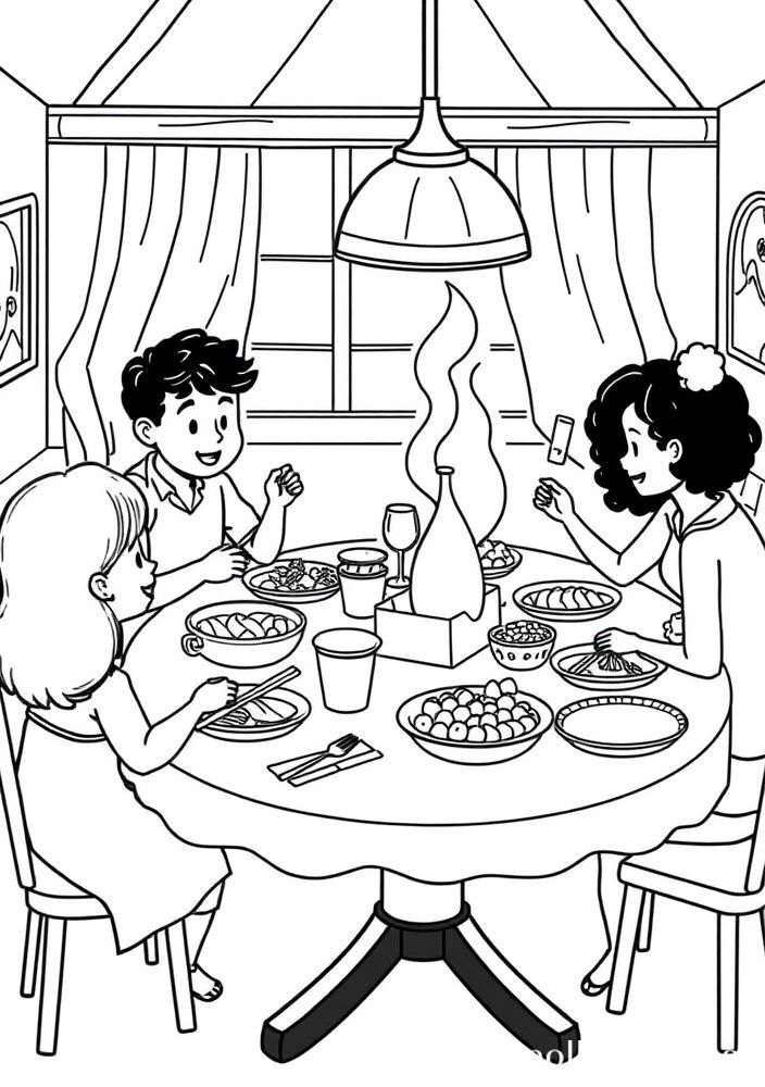 Desenho de Jantar Familiar com Pratos Variados para colorir