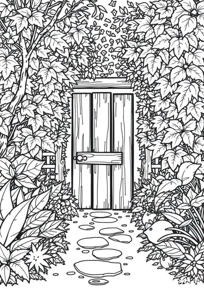 Desenho de Jardim Secreto com Portão de Madeira para Colorir