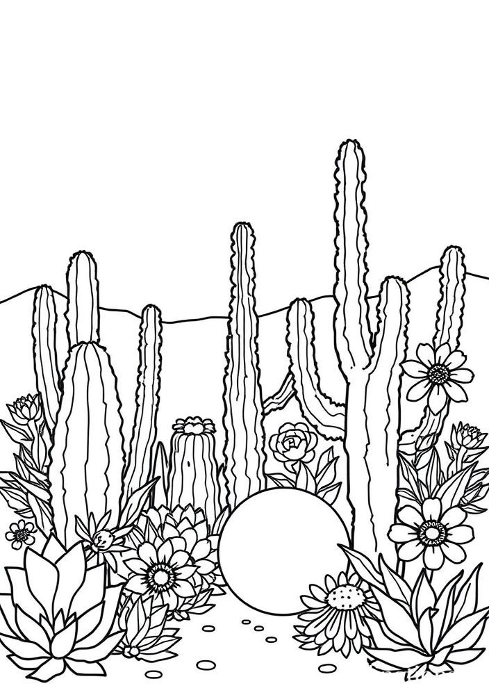 Desenho de Jardim com Cactos e Flores do Deserto para Colorir