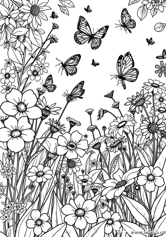 Desenho de Jardim com Flores e Borboletas para Colorir