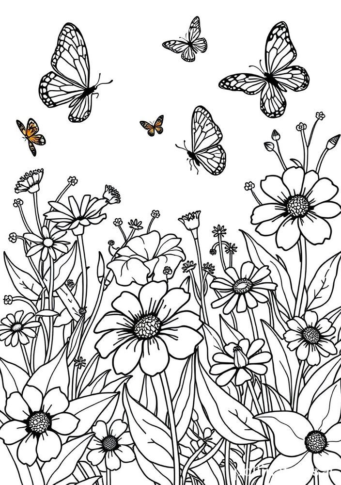 Desenho de Jardim com Flores e Borboletas para colorir