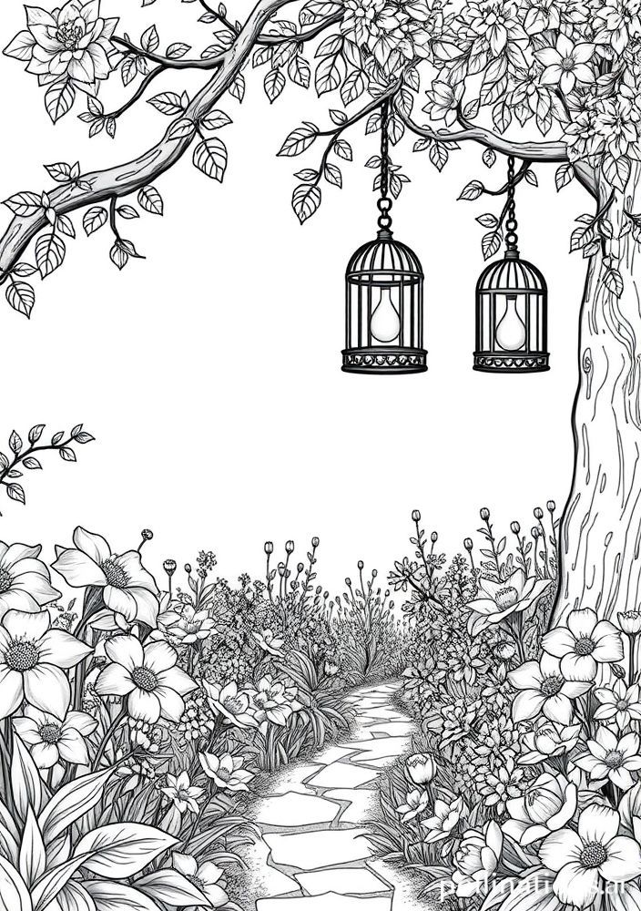 Desenho de Jardim com Gaiolas de Passarinhos para Colorir