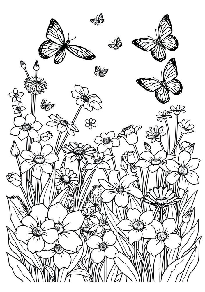 Desenho de Jardim com flores e borboletas para colorir
