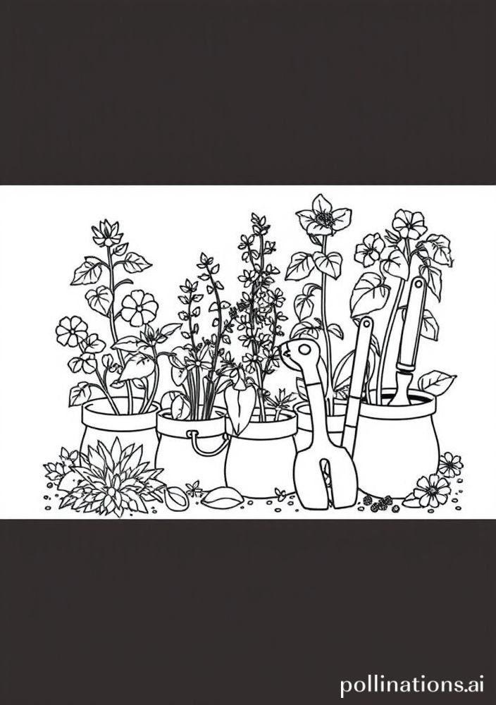 Desenho de Jardim de Ervas com Utensílios de Jardinagem para Colorir