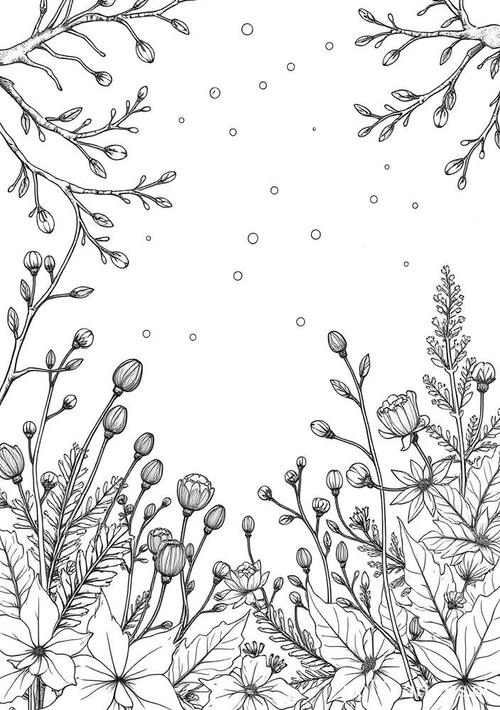 Desenho de Jardim de Inverno com Flocos de Neve e Sementes para Colorir