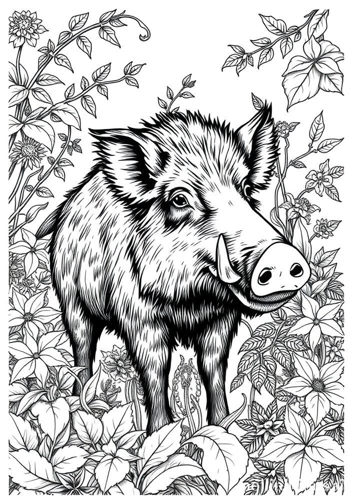 Desenho de Javali entre Plantas para colorir