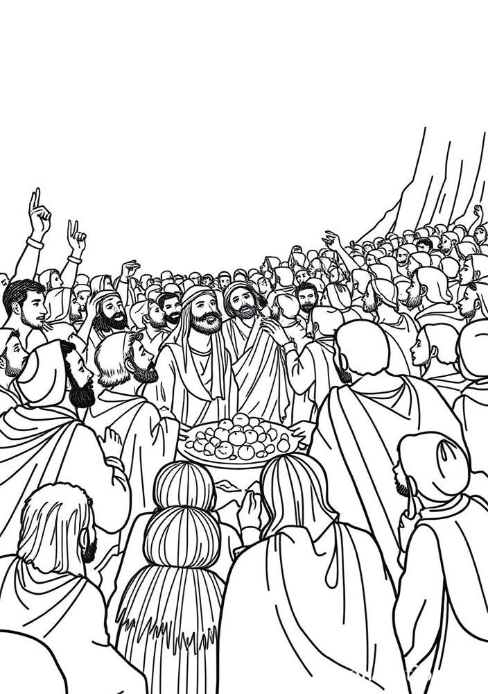 Desenho de Jesus alimentando os 5000 para colorir