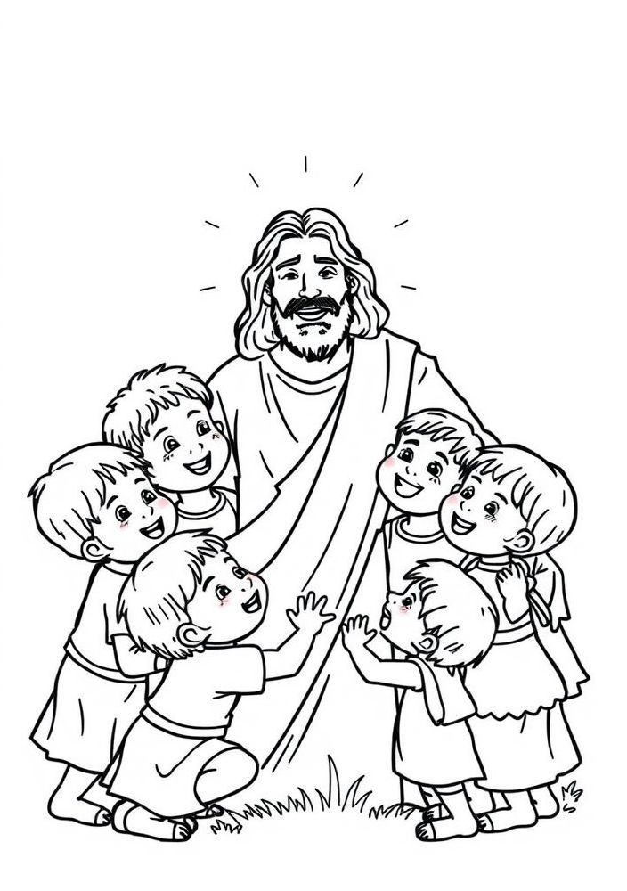 Desenho de Jesus com Crianças para colorir