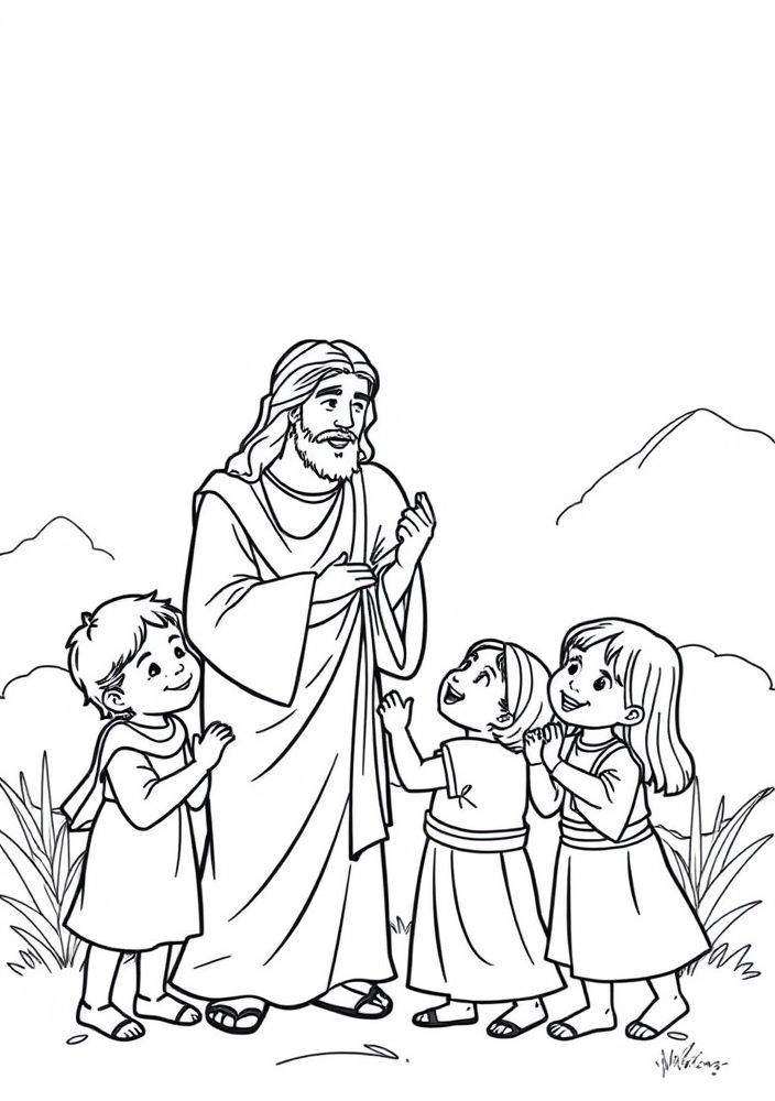 Desenho de Jesus e os Crianças para colorir