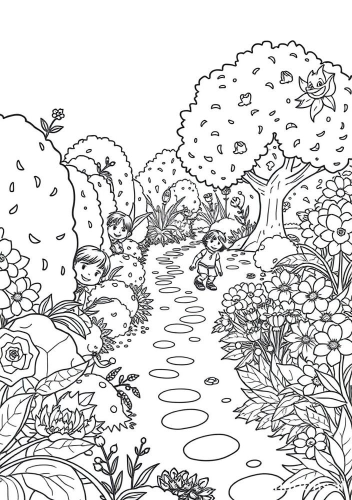Desenho de Jogo de Esconderijo no Jardim para Colorir