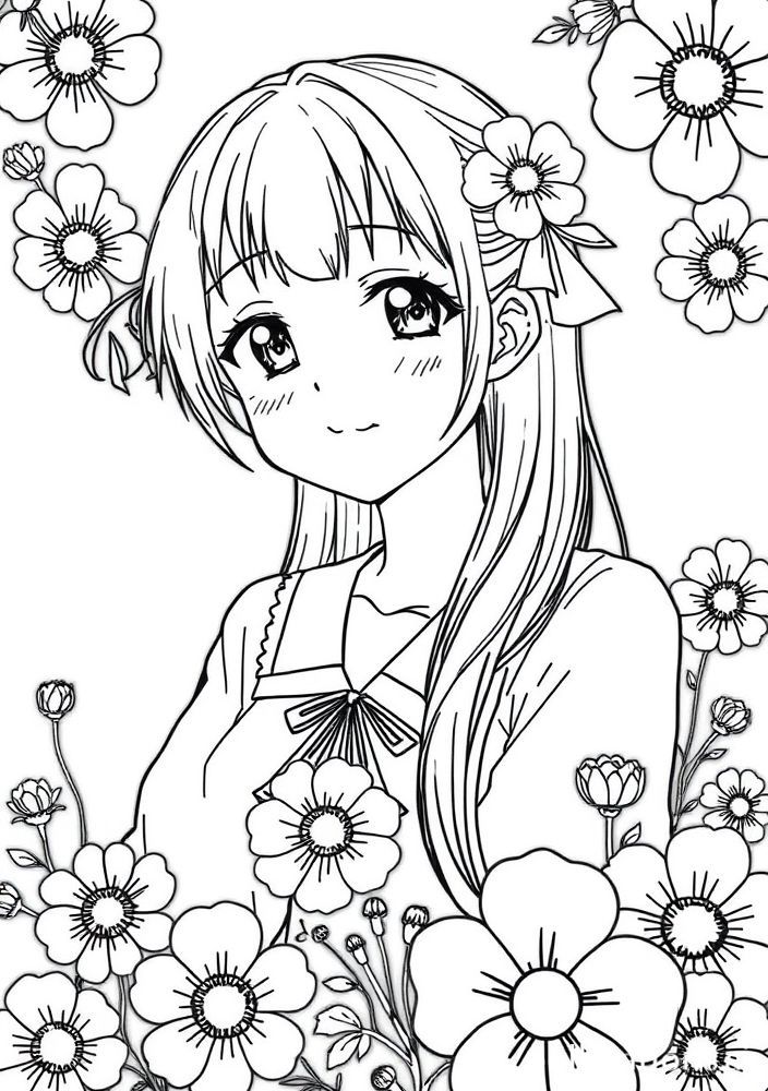 Desenho de Kanao com flores para colorir