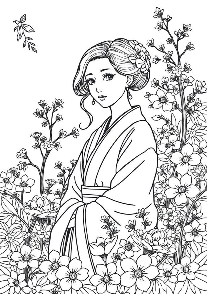 Desenho de Kanao em uma cena de flores para colorir