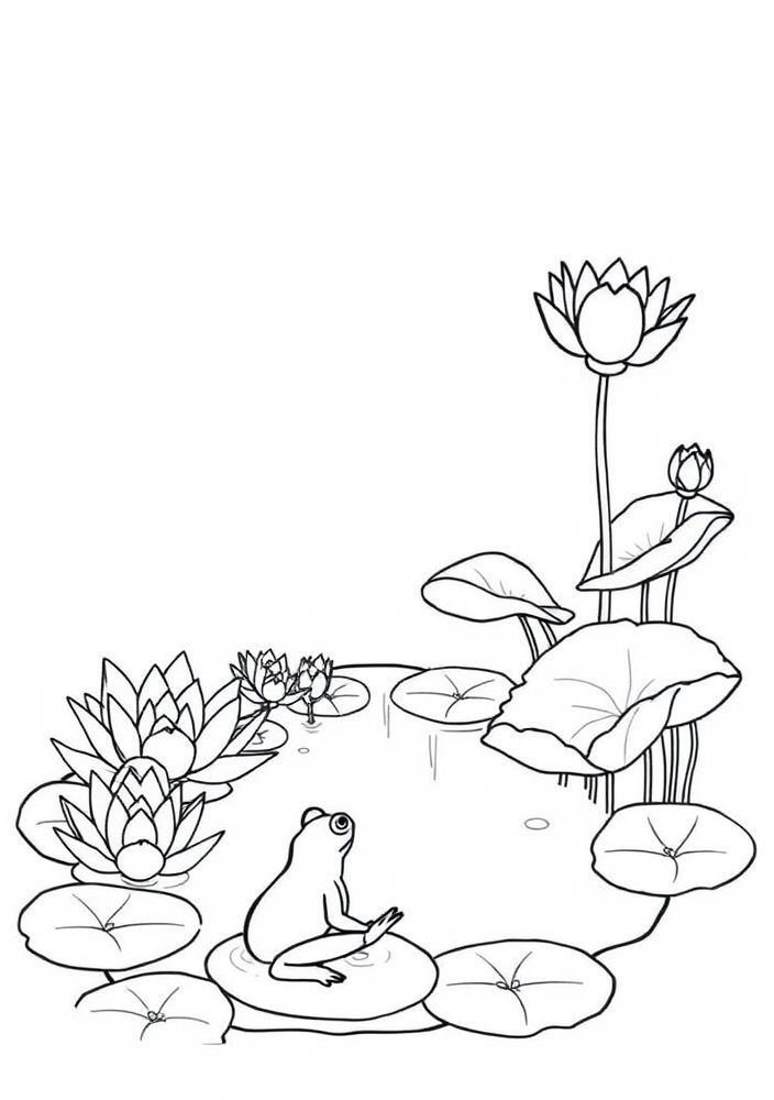 Desenho de Lago com Lótus e Sapo para Colorir