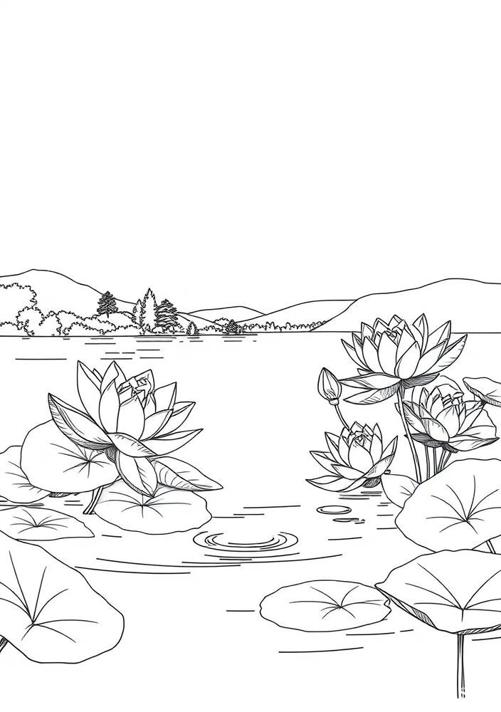 Desenho de Lago com Lótus para Colorir