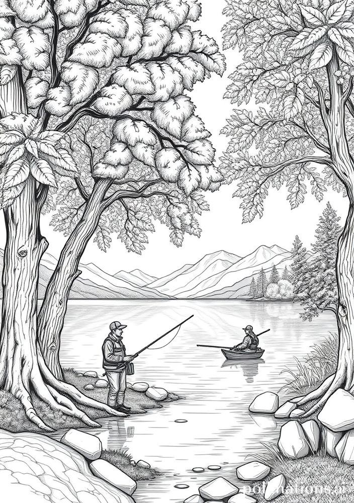 Desenho de Lago com Pescadores para Colorir