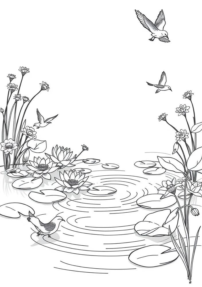 Desenho de Lagoa com Pássaros para colorir