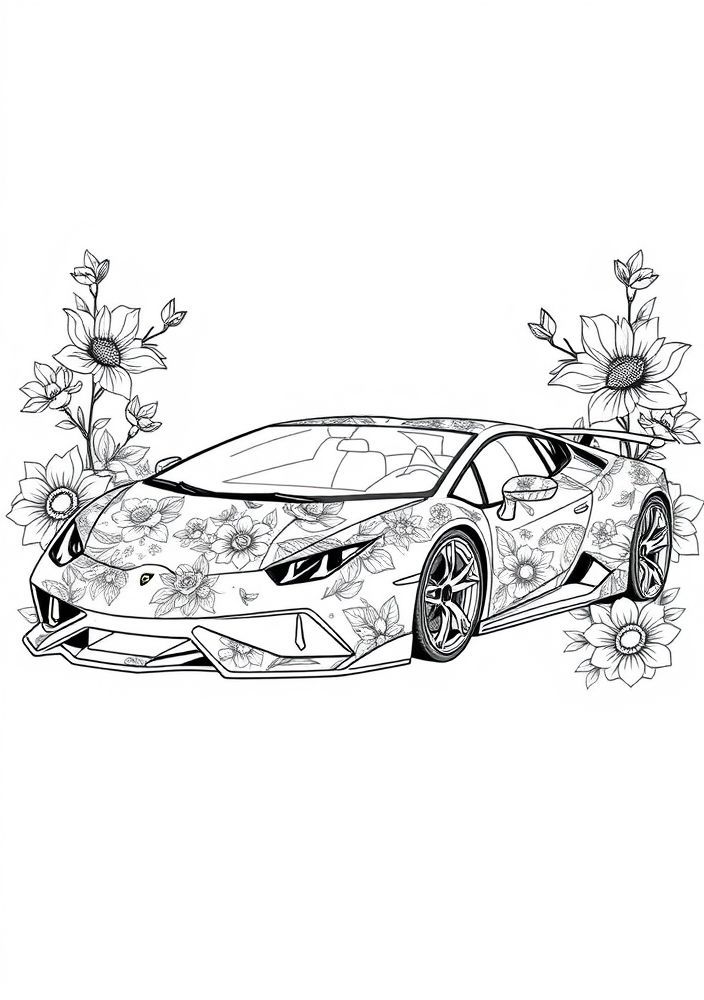 Desenho de Lamborghini com detalhes florais para colorir