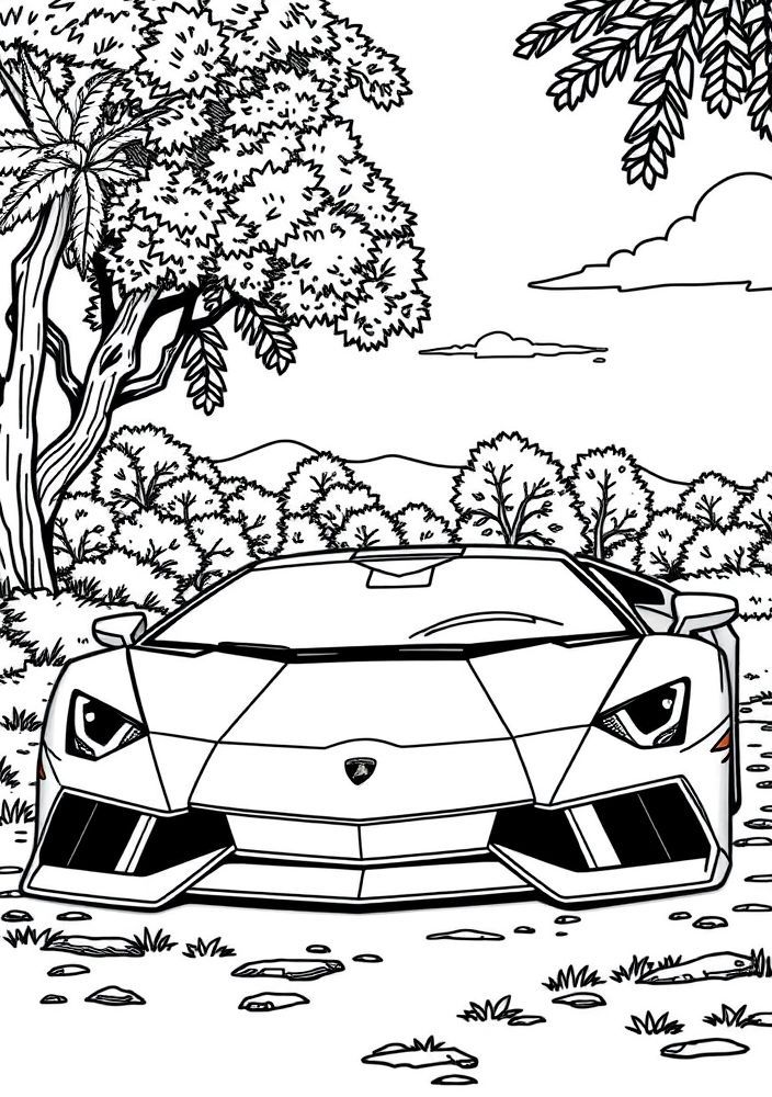 Desenho de Lamborghini e natureza para colorir