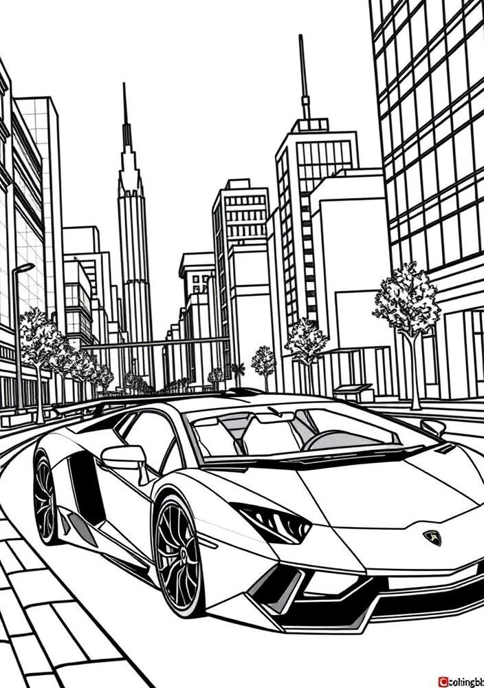 Desenho de Lamborghini e paisagem urbana para colorir