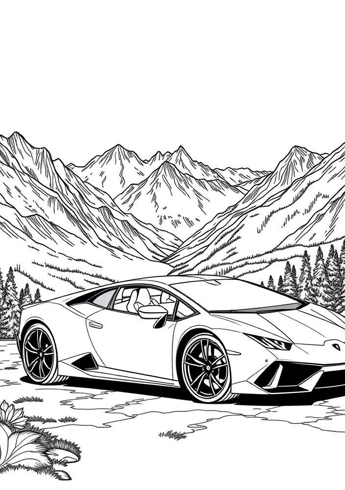 Desenho de Lamborghini em fundo montanhoso para colorir
