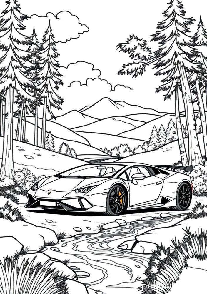 Desenho de Lamborghini em meio à natureza para colorir