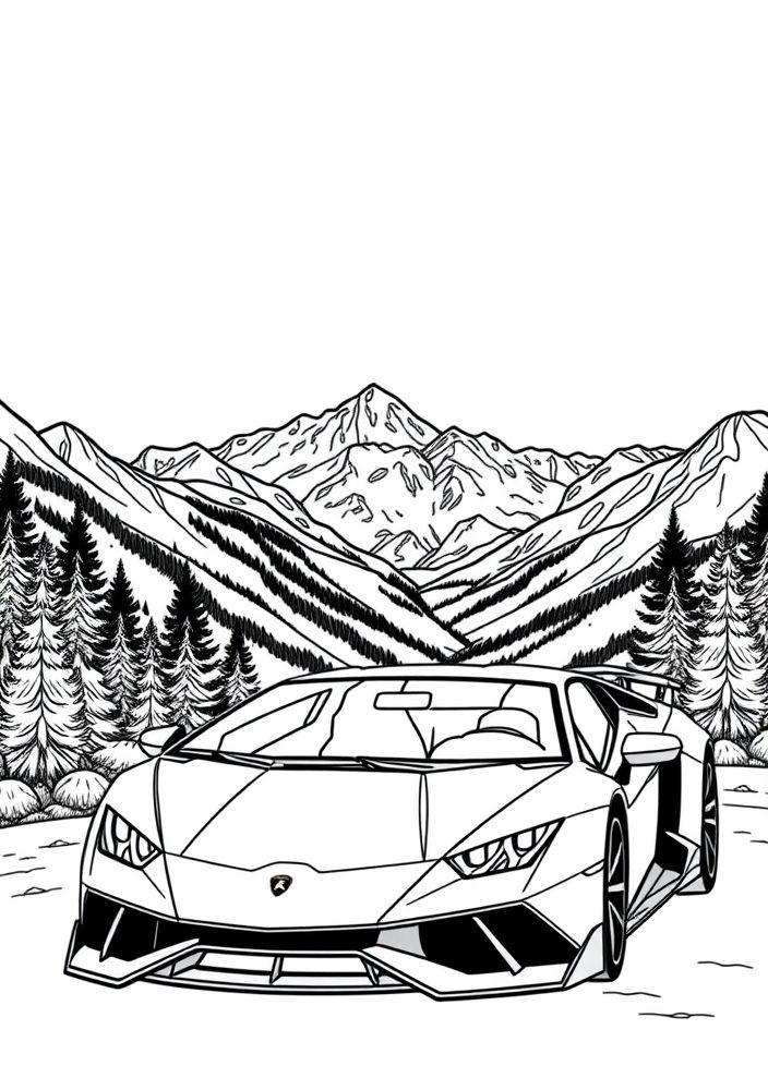 Desenho de Lamborghini em um cenário de montanha para colorir