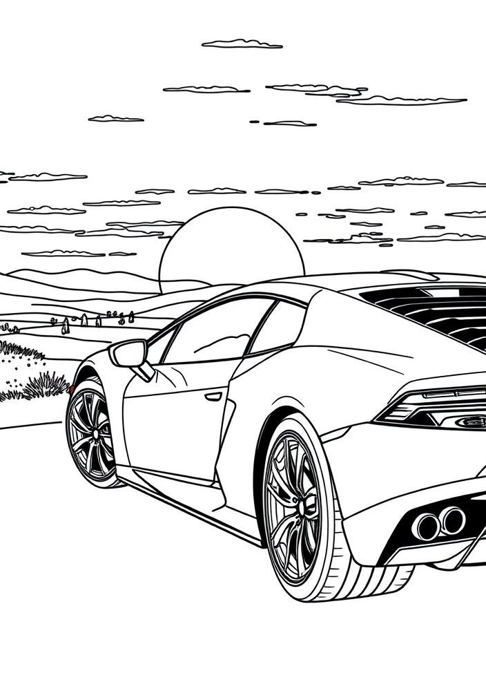 Desenho de Lamborghini em um pôr do sol para colorir