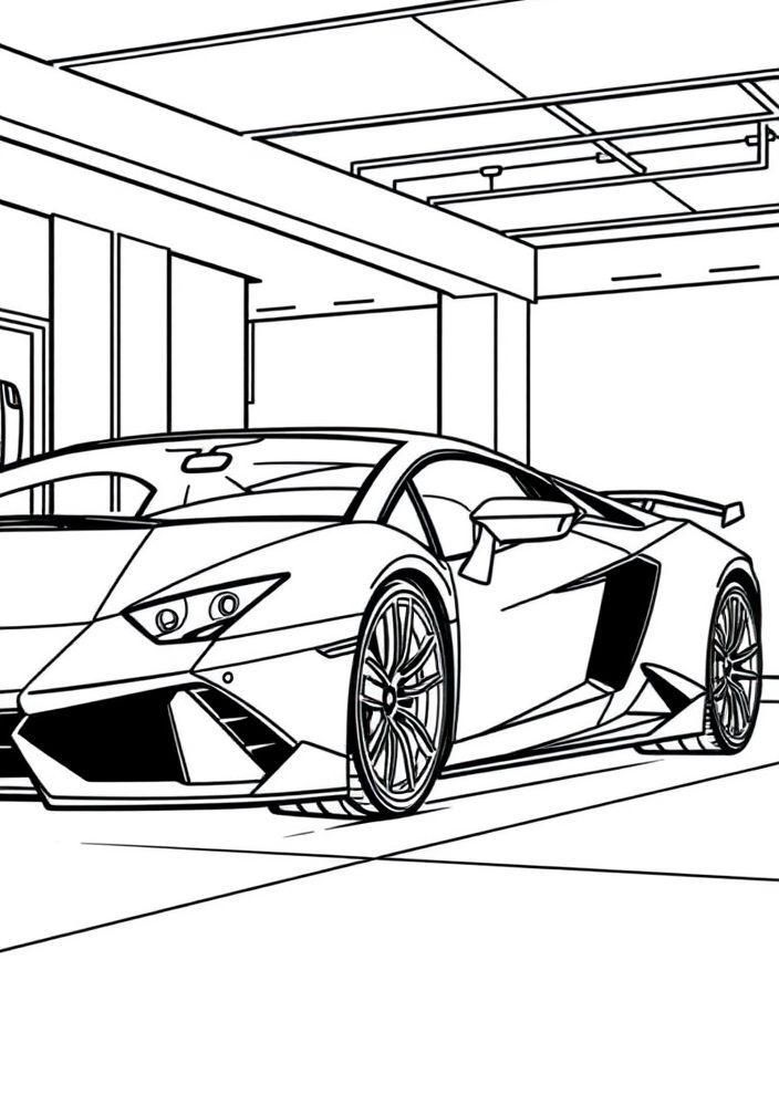 Desenho de Lamborghini em uma garagem moderna para colorir